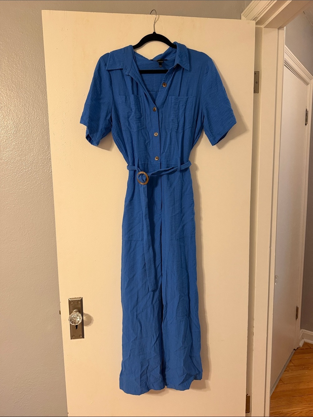 Blue Short-Sleeve Button-Front Jumpsuit with Belt